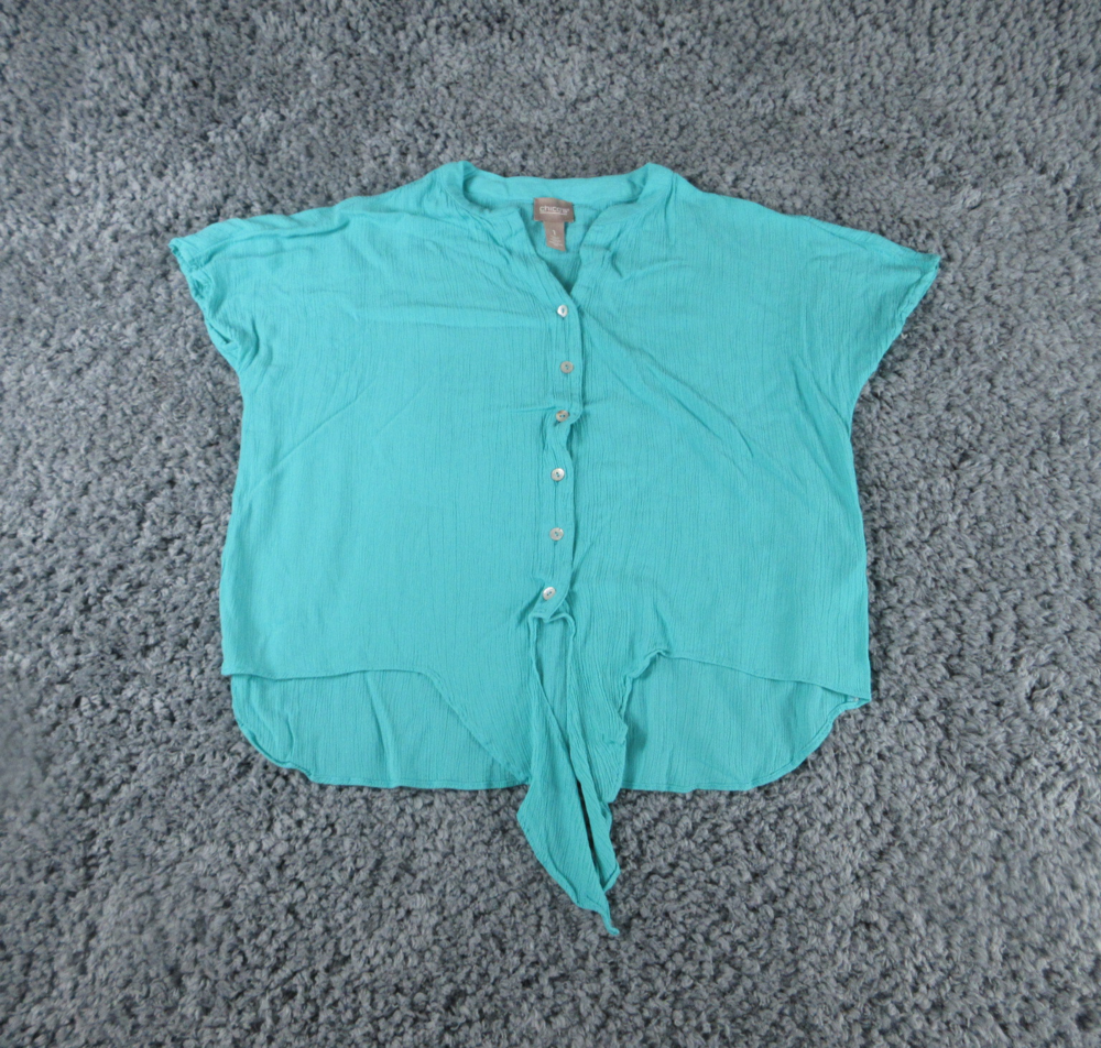 Chicos Shirt Womens 1 US S/8 Green Blue Front Tie Short Sleeve Button Up